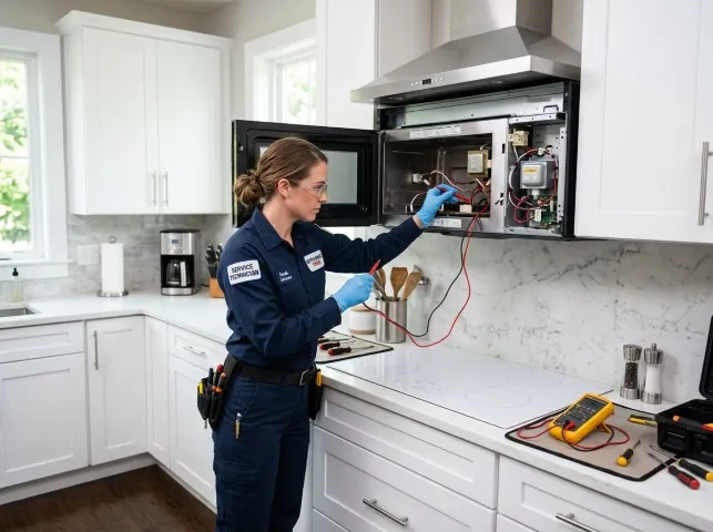Appliance Repair Hero technician testing an over-the-range microwave in a Banning, CA kitchen